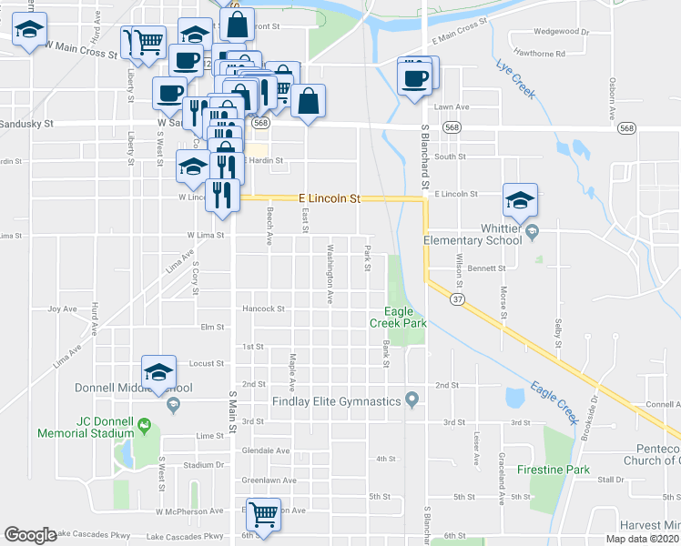 map of restaurants, bars, coffee shops, grocery stores, and more near 835 Washington Avenue in Findlay
