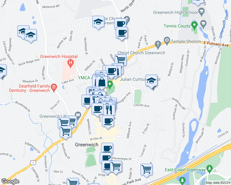 map of restaurants, bars, coffee shops, grocery stores, and more near 43 Mason Street in Greenwich