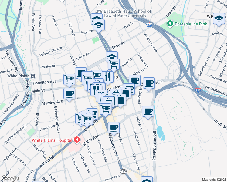 map of restaurants, bars, coffee shops, grocery stores, and more near 39 Mitchell Place in White Plains