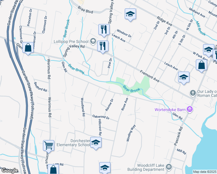 map of restaurants, bars, coffee shops, grocery stores, and more near 8 Bearbrook Drive in Woodcliff Lake