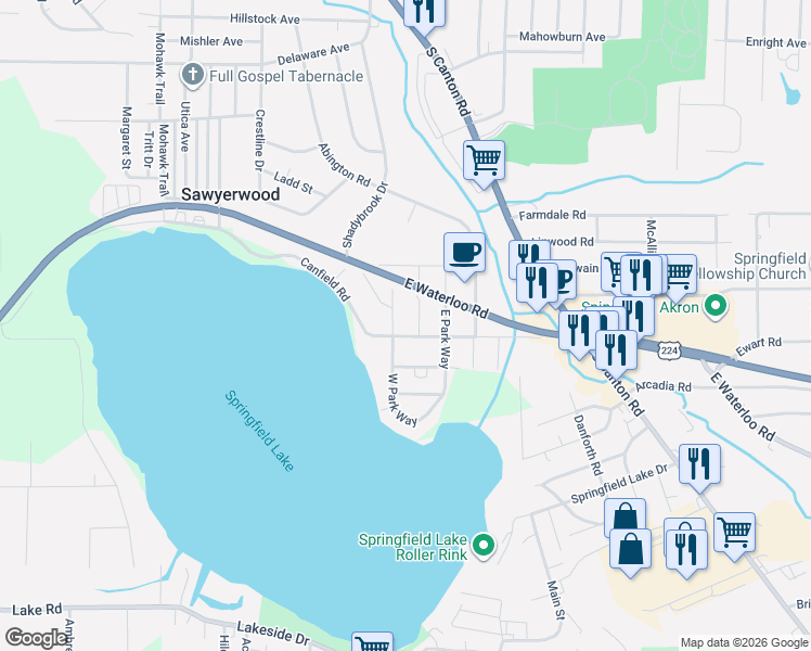 map of restaurants, bars, coffee shops, grocery stores, and more near 2662 Canfield Road in Akron