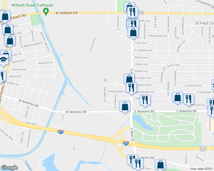 map of restaurants, bars, coffee shops, grocery stores, and more near 102 West Linwood Avenue in Akron