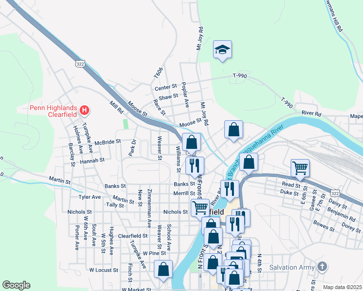 map of restaurants, bars, coffee shops, grocery stores, and more near 713 Williams Street in Clearfield