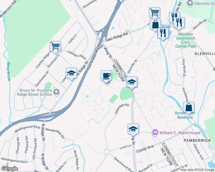 map of restaurants, bars, coffee shops, grocery stores, and more near 840 King Street in Rye Brook