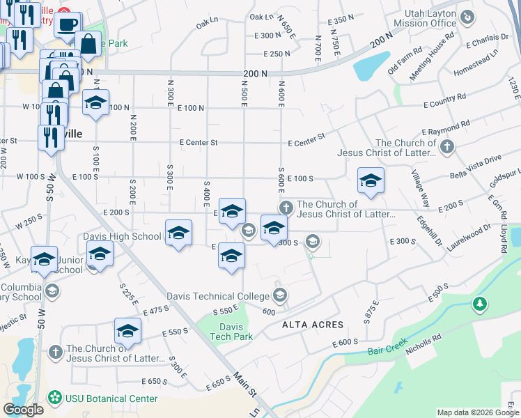 map of restaurants, bars, coffee shops, grocery stores, and more near 545 East 200 South in Kaysville
