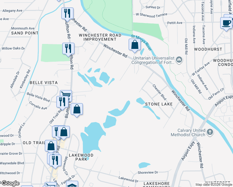 map of restaurants, bars, coffee shops, grocery stores, and more near 5406 Winchester Road in Fort Wayne