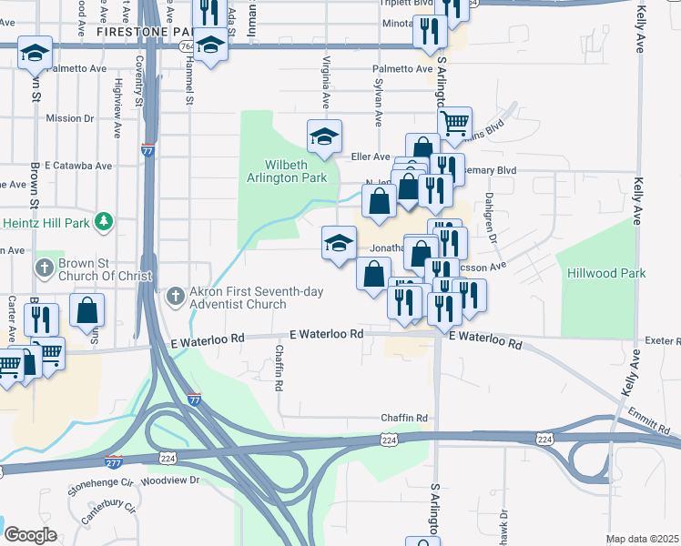map of restaurants, bars, coffee shops, grocery stores, and more near 888 Jonathan Avenue in Akron