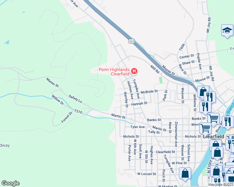map of restaurants, bars, coffee shops, grocery stores, and more near 721 McBride Street in Clearfield