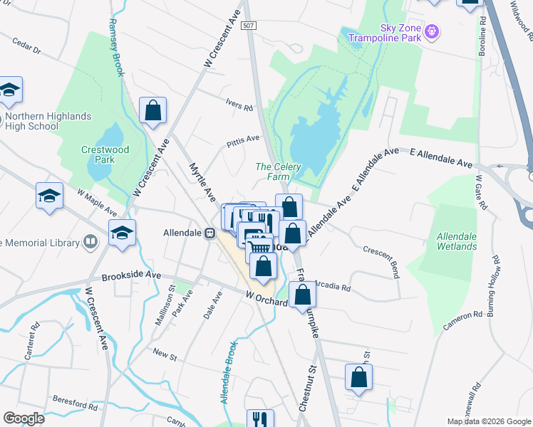map of restaurants, bars, coffee shops, grocery stores, and more near 70 Elm Street in Allendale