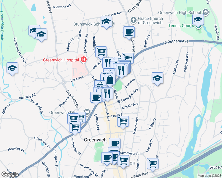 map of restaurants, bars, coffee shops, grocery stores, and more near 2 Church Street in Greenwich