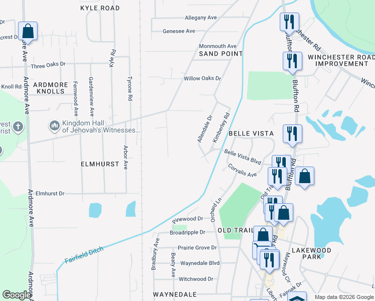 map of restaurants, bars, coffee shops, grocery stores, and more near 2911 Kelmar Drive in Fort Wayne