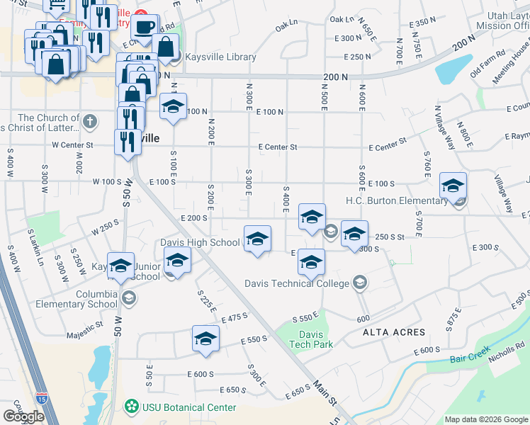 map of restaurants, bars, coffee shops, grocery stores, and more near 343 East 200 South in Kaysville
