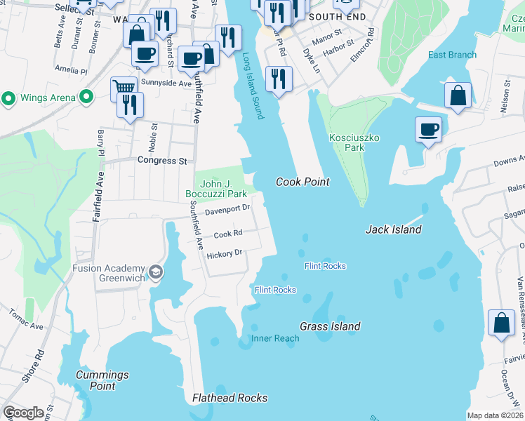 map of restaurants, bars, coffee shops, grocery stores, and more near 80 Davenport Drive in Stamford