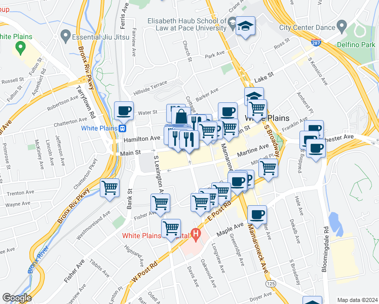 map of restaurants, bars, coffee shops, grocery stores, and more near in White Plains