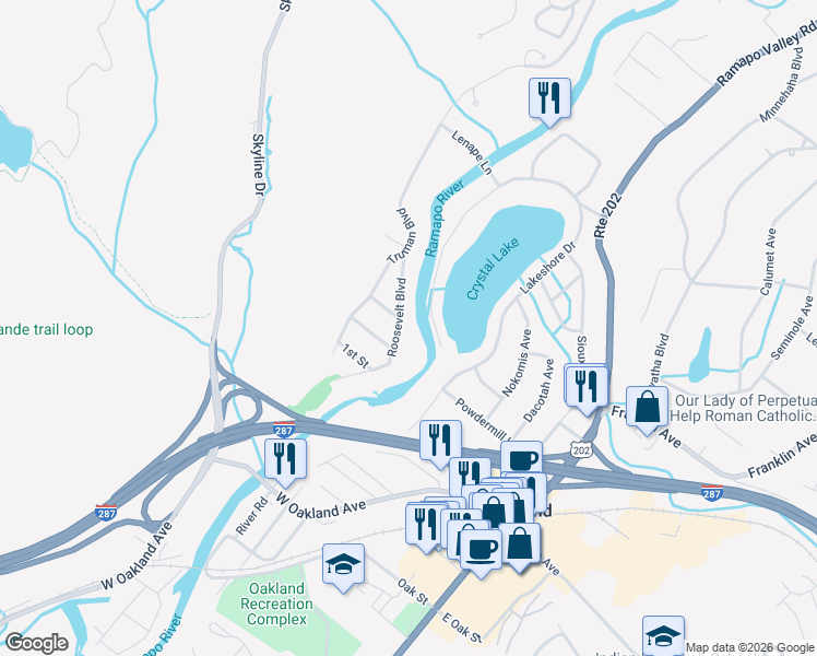 map of restaurants, bars, coffee shops, grocery stores, and more near 98 Roosevelt Boulevard in Oakland
