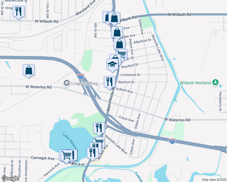 map of restaurants, bars, coffee shops, grocery stores, and more near in Akron