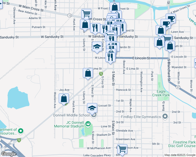 map of restaurants, bars, coffee shops, grocery stores, and more near 815 South West Street in Findlay