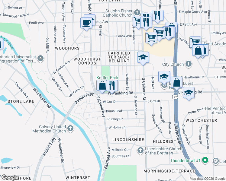 map of restaurants, bars, coffee shops, grocery stores, and more near 5601 Hoagland Avenue in Fort Wayne