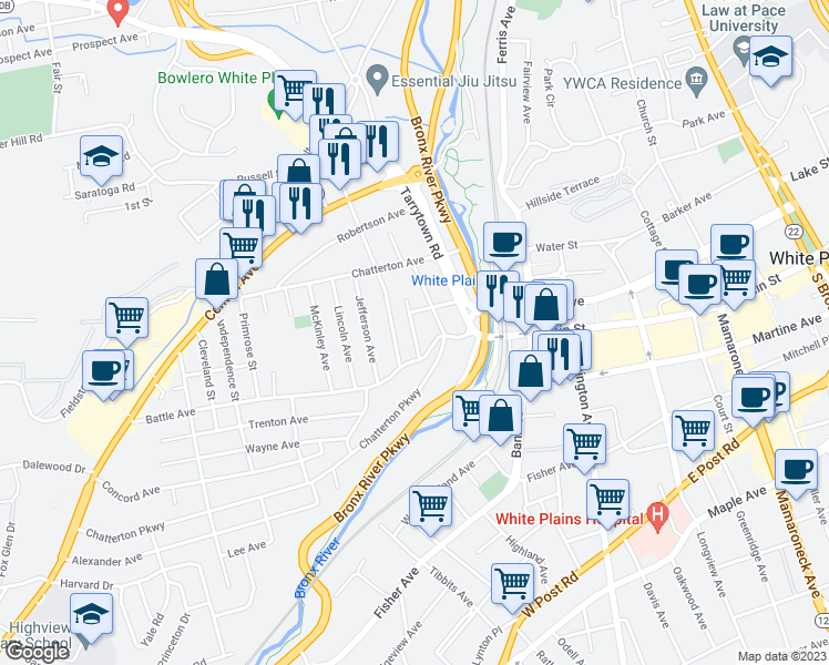 map of restaurants, bars, coffee shops, grocery stores, and more near 11 Washington Avenue in White Plains