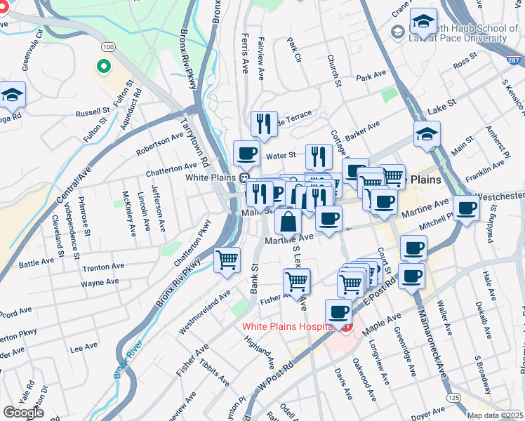 map of restaurants, bars, coffee shops, grocery stores, and more near 7 Bank Street in White Plains