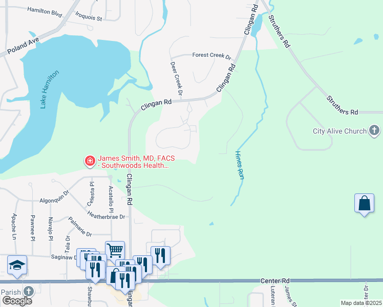 map of restaurants, bars, coffee shops, grocery stores, and more near 5645 Clingan Road in Struthers