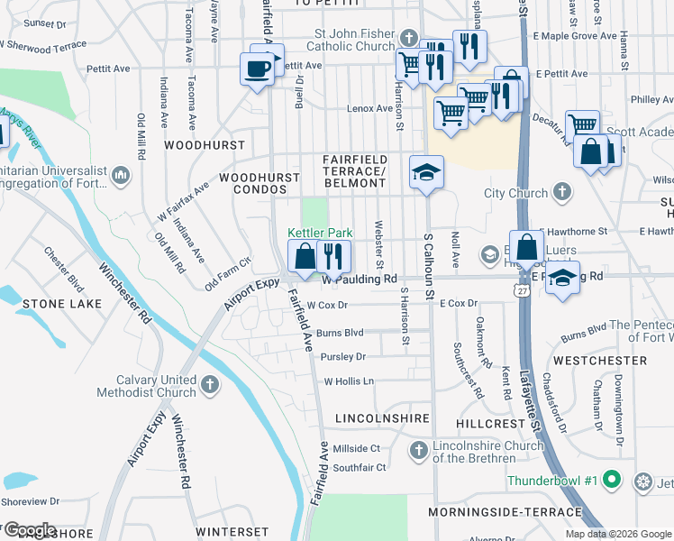 map of restaurants, bars, coffee shops, grocery stores, and more near 5601 Hoagland Avenue in Fort Wayne