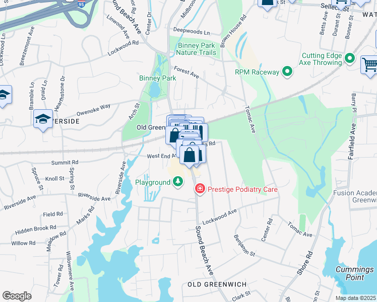 map of restaurants, bars, coffee shops, grocery stores, and more near 18 Arcadia Road in Greenwich