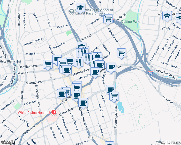 map of restaurants, bars, coffee shops, grocery stores, and more near 25 South Broadway in White Plains