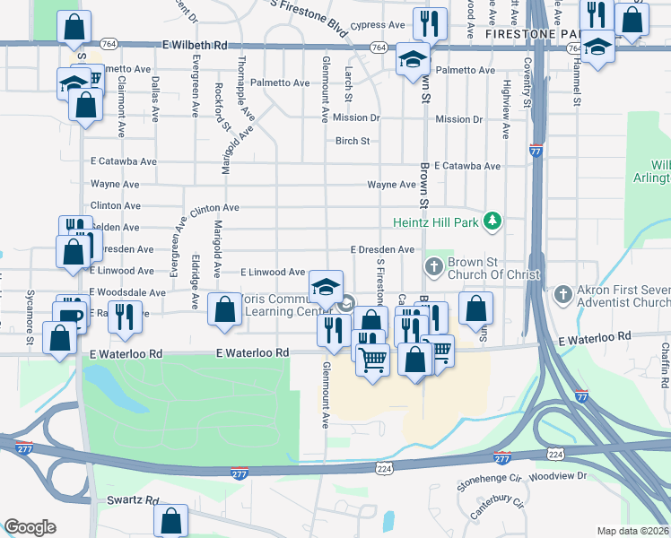 map of restaurants, bars, coffee shops, grocery stores, and more near 347 East Dresden Avenue in Akron