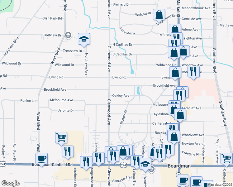 map of restaurants, bars, coffee shops, grocery stores, and more near 275 Brookfield Avenue in Youngstown