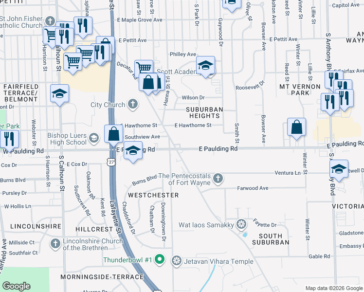 map of restaurants, bars, coffee shops, grocery stores, and more near 707 East Paulding Road in Fort Wayne