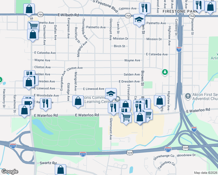 map of restaurants, bars, coffee shops, grocery stores, and more near 308 East Dresden Avenue in Akron