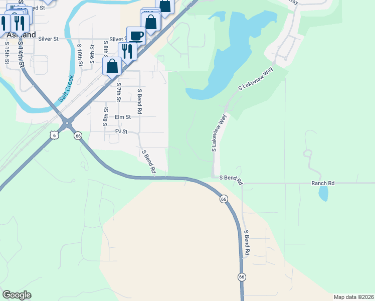 map of restaurants, bars, coffee shops, grocery stores, and more near 714 South Lakeview Way in Ashland