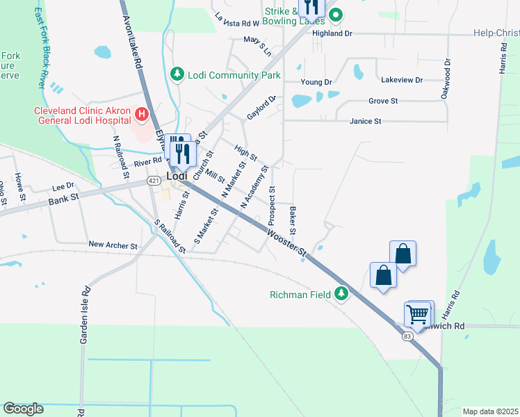 map of restaurants, bars, coffee shops, grocery stores, and more near 205 Prospect Street in Lodi