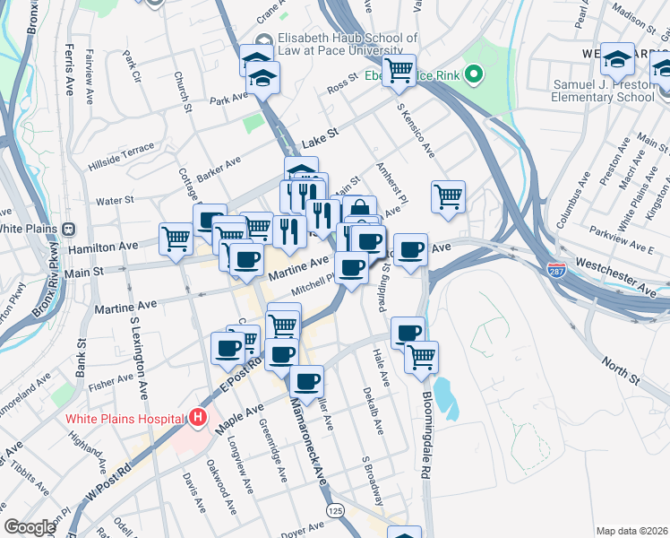 map of restaurants, bars, coffee shops, grocery stores, and more near 300 Martine Avenue in White Plains