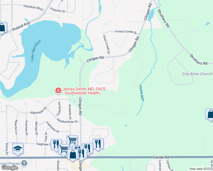 map of restaurants, bars, coffee shops, grocery stores, and more near 5645 Clingan Road in Struthers