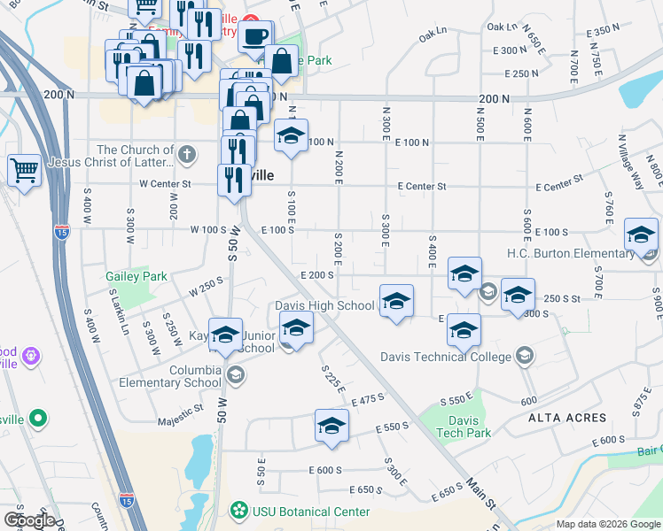 map of restaurants, bars, coffee shops, grocery stores, and more near 136 South 200 East in Kaysville