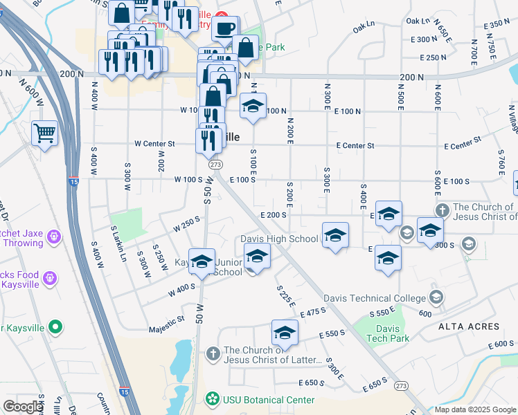map of restaurants, bars, coffee shops, grocery stores, and more near 149 South 100 East in Kaysville