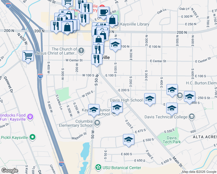 map of restaurants, bars, coffee shops, grocery stores, and more near in Kaysville