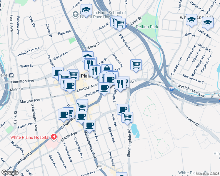 map of restaurants, bars, coffee shops, grocery stores, and more near 36 Westchester Avenue in White Plains