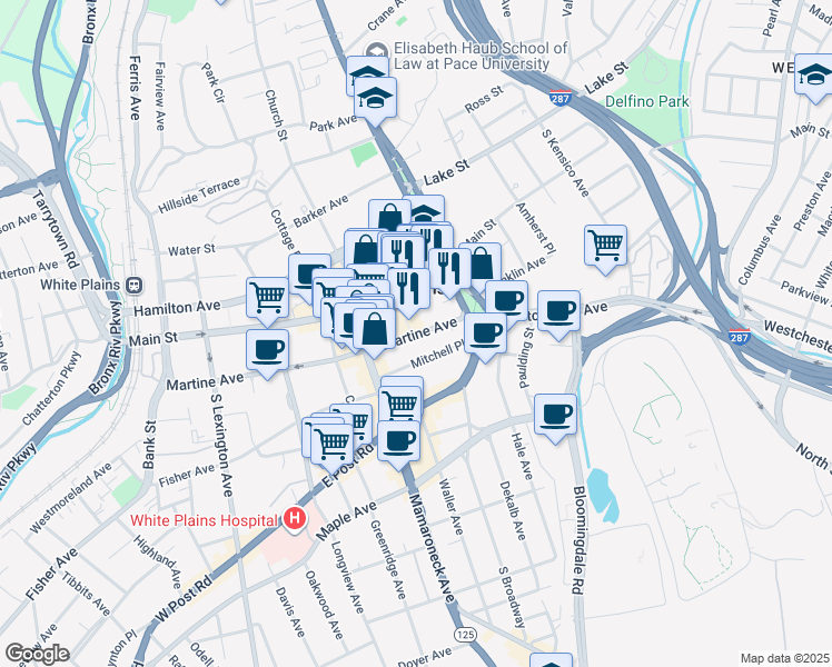 map of restaurants, bars, coffee shops, grocery stores, and more near 46 City Place in White Plains
