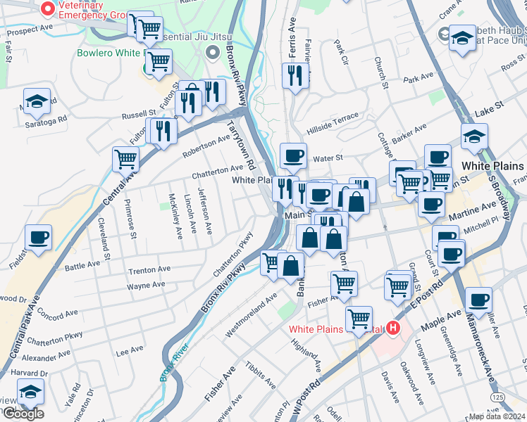 map of restaurants, bars, coffee shops, grocery stores, and more near 7 School Street in White Plains