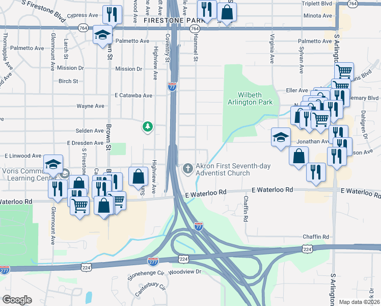 map of restaurants, bars, coffee shops, grocery stores, and more near 641 Prentiss Avenue in Akron