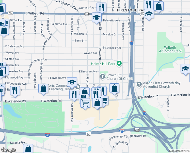 map of restaurants, bars, coffee shops, grocery stores, and more near 434 East Dresden Avenue in Akron