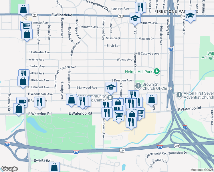 map of restaurants, bars, coffee shops, grocery stores, and more near 347 East Dresden Avenue in Akron