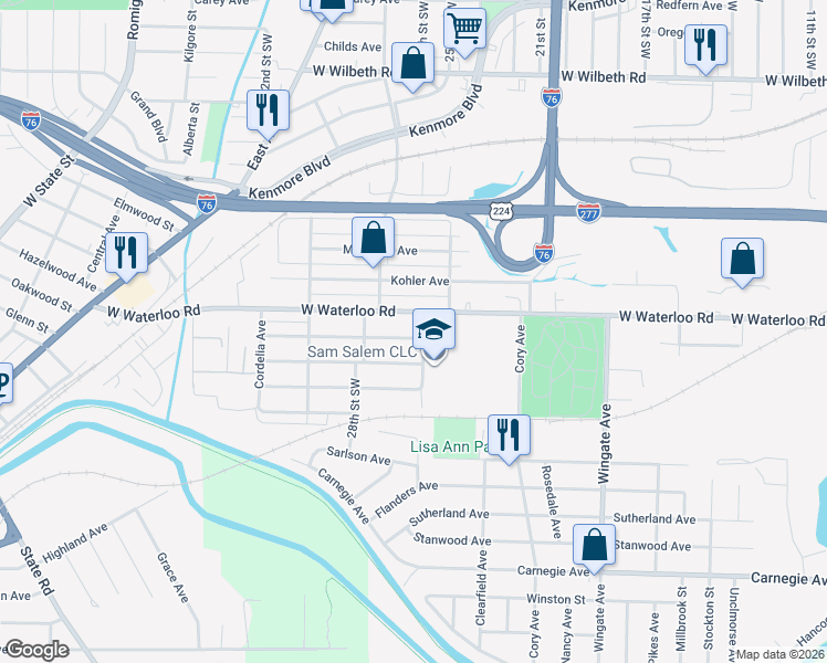 map of restaurants, bars, coffee shops, grocery stores, and more near 1259 West Waterloo Road in Akron