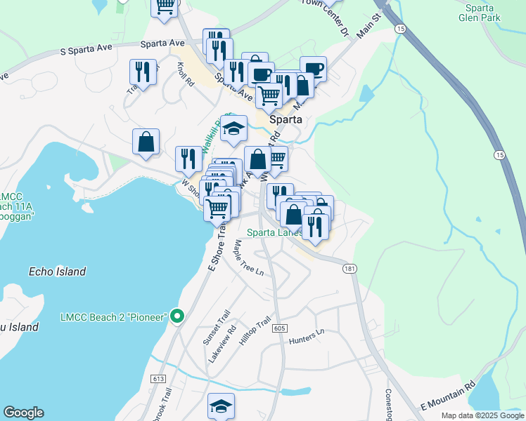 map of restaurants, bars, coffee shops, grocery stores, and more near 61 Woodport Road in Sparta Township