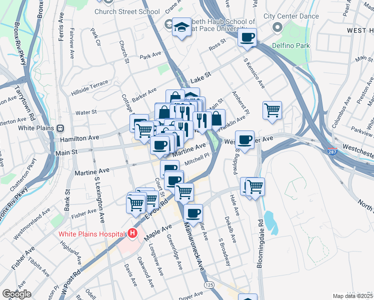 map of restaurants, bars, coffee shops, grocery stores, and more near 46 City Place in White Plains