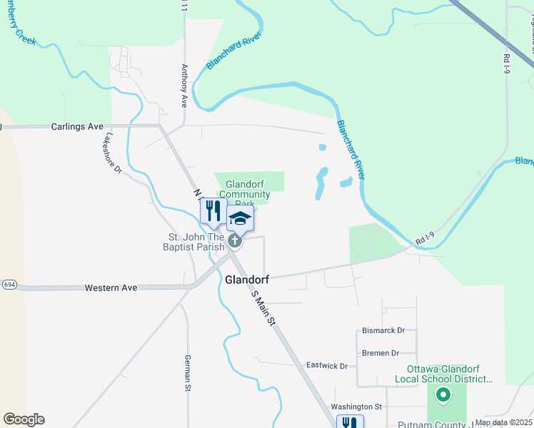 map of restaurants, bars, coffee shops, grocery stores, and more near 140 Church Street in Glandorf