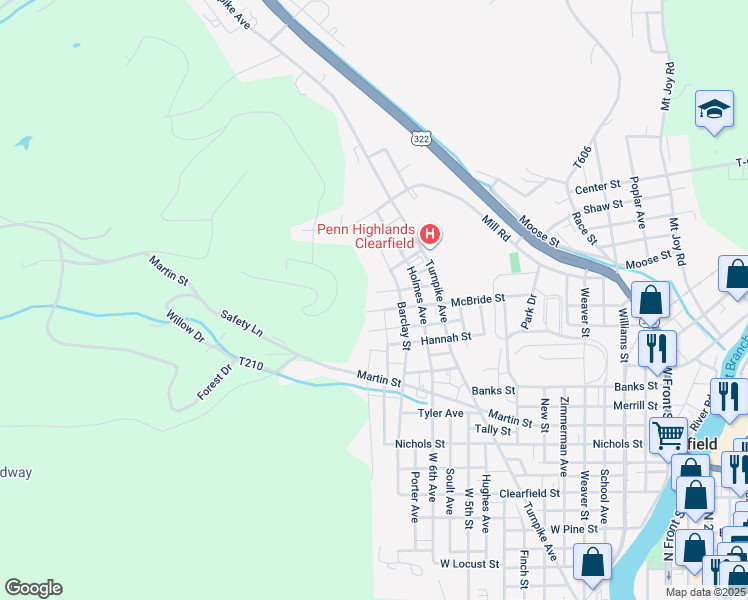map of restaurants, bars, coffee shops, grocery stores, and more near 721 McBride Street in Clearfield
